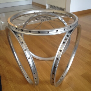 Bicycle wheels converted into a table