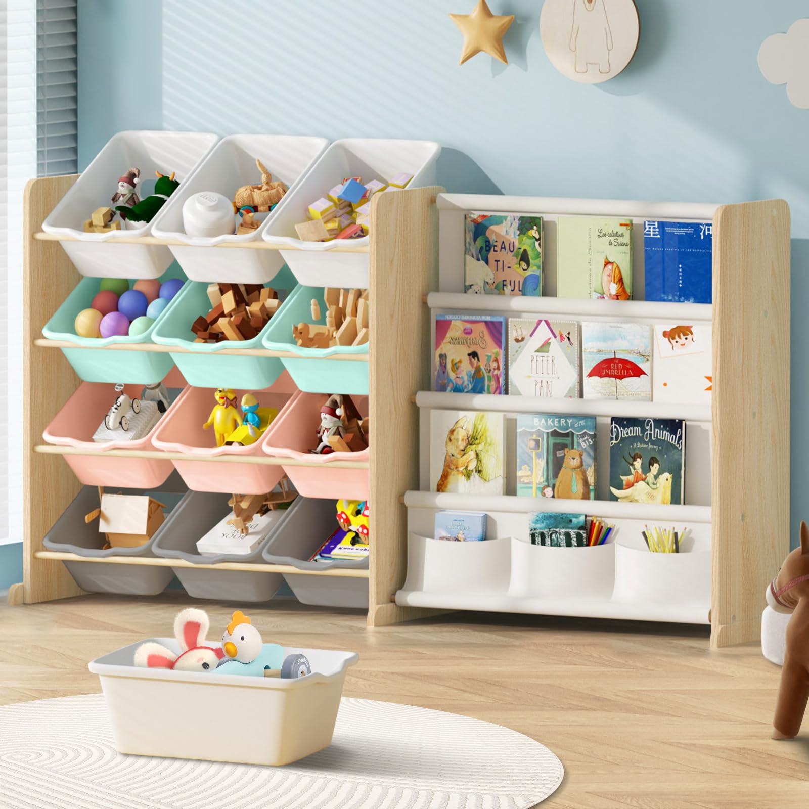 Organized toddler room with labeled bins and accessible toy storage solutions.