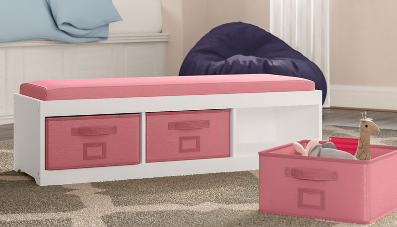 pink and white childrens toy storage bench