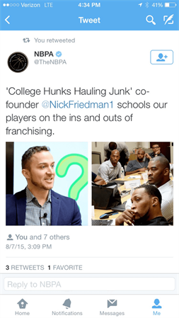 NBPA Tweet Highlighting College Hunks Co-Founder Speaking to Players