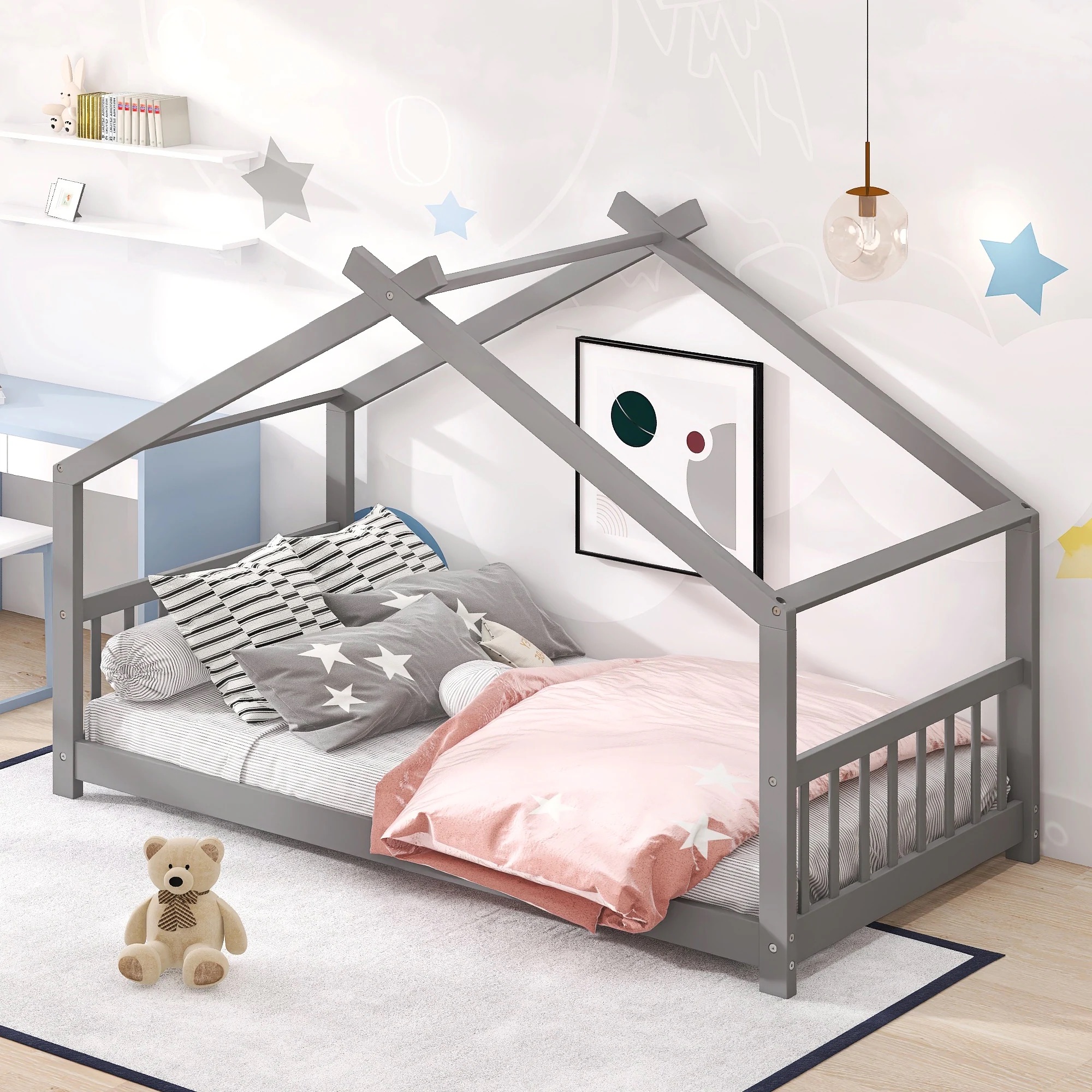 Safe toddler bed with side rails and colorful bedding for a smooth crib-to-bed transition.