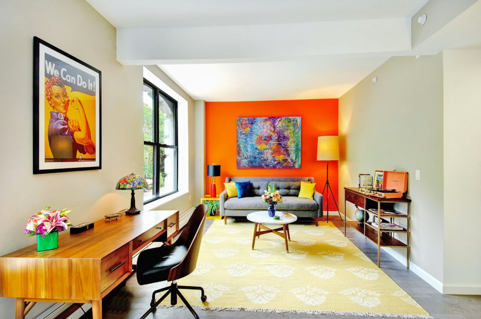 bright orange accent wall in living room