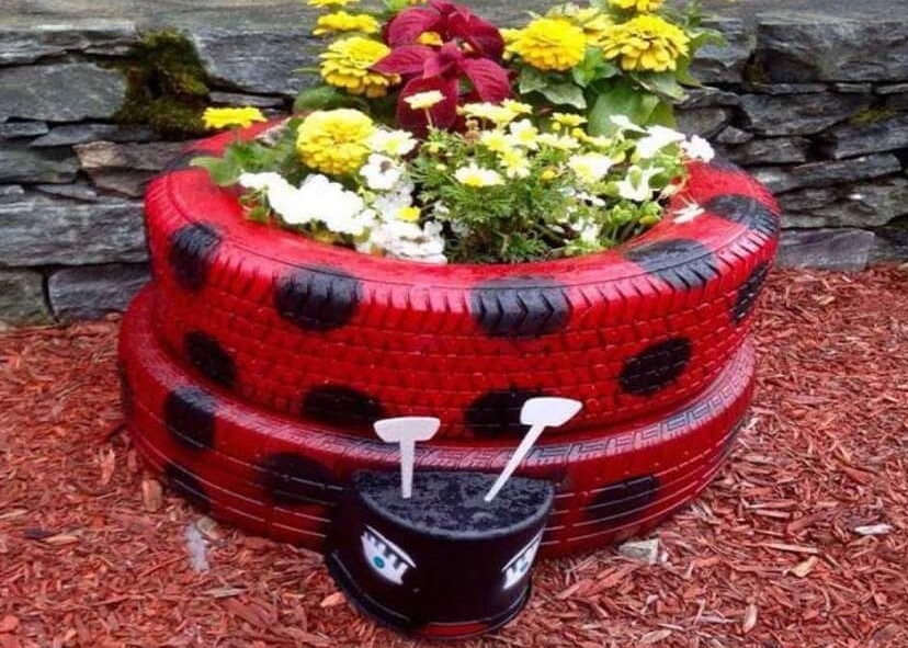plant pot lady bug recycled tire