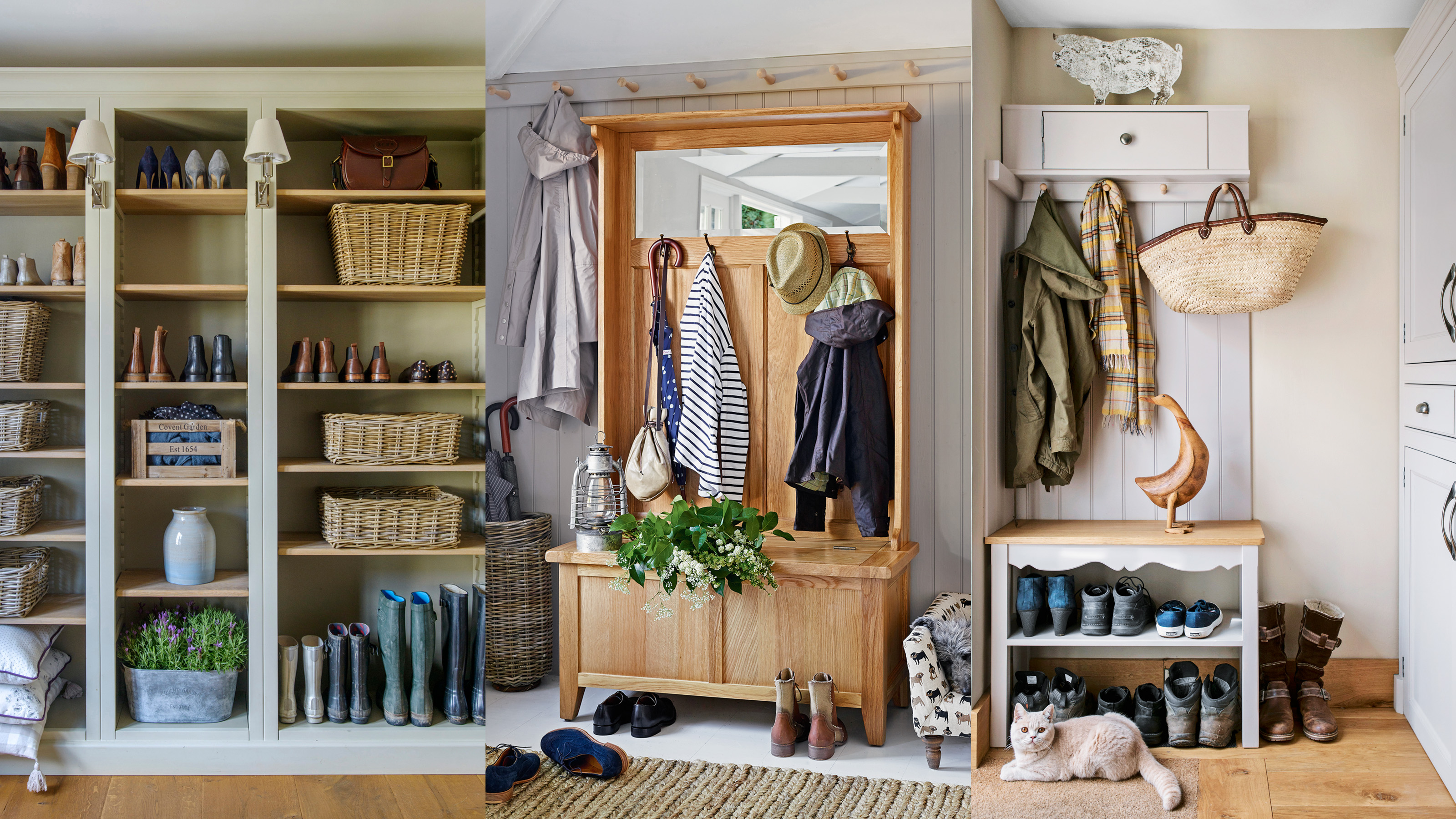 Organized closet with winter coats hanging and shoes neatly arranged