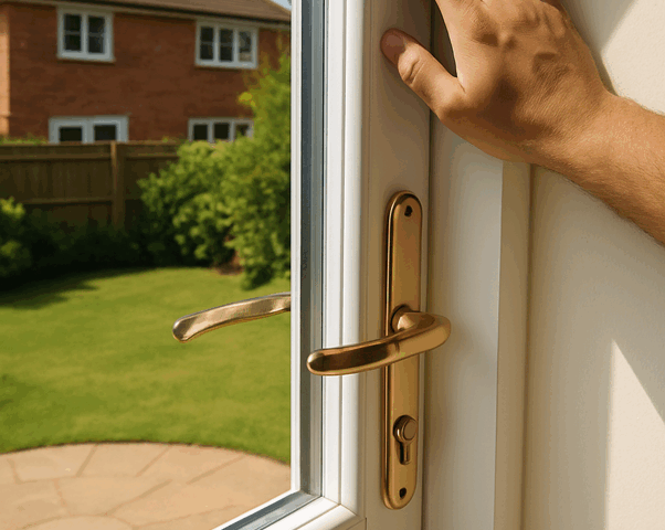 Person reinforcing home security by checking and upgrading door locks for fall safety.