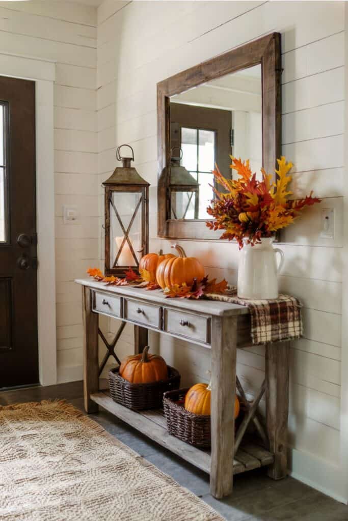 Neat and clutter-free home entryway decorated for fall, reducing tripping hazards and creating a warm welcome.