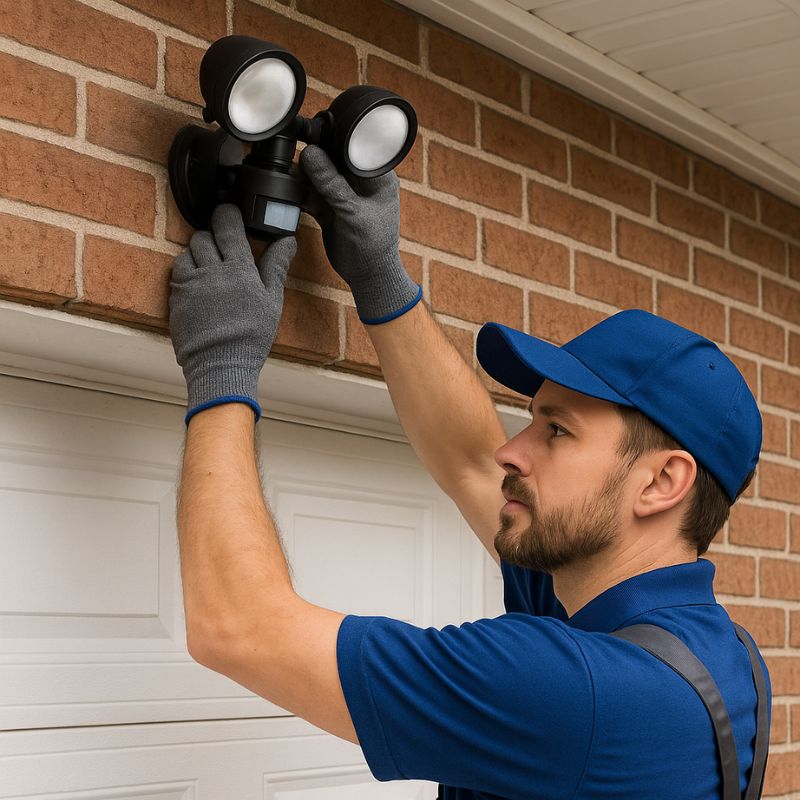 Homeowner installing motion-sensor lights to improve outdoor visibility and security at night.