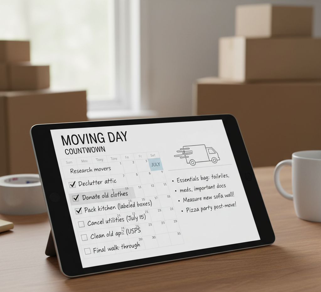 Six-week moving checklist showing organized packing and planning schedule