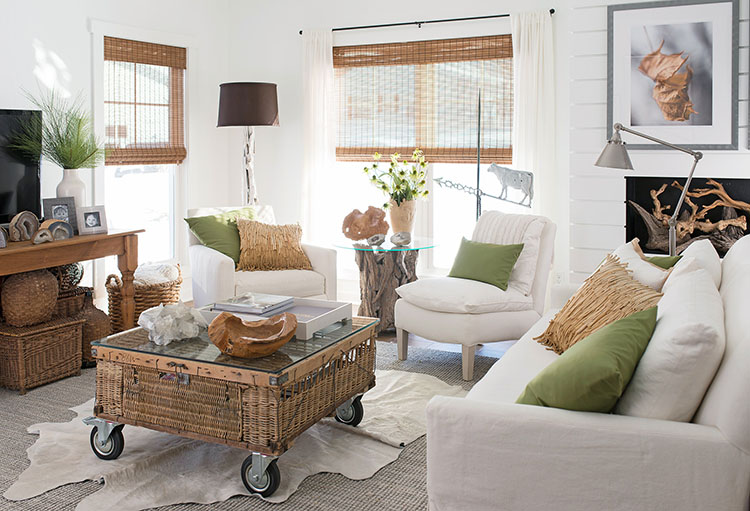 farmhouse living room with pops of green and natural elements