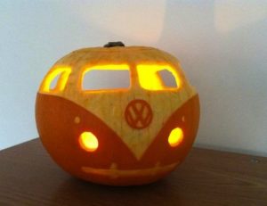 A pumpkin cleverly carved to resemble a Volkswagen Van