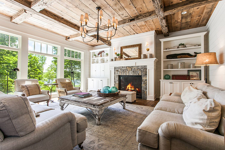 Wood panel ceiling in a farmhouse style living room