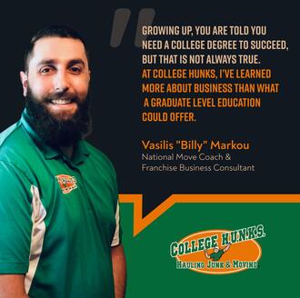 College Hunks team member discussing his building leaders story. He mentions his love for his job and that college hunks is hiring.