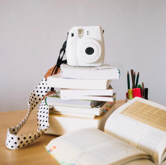 camera and books