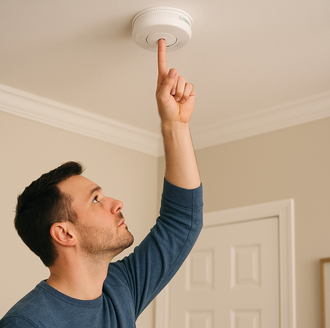 Homeowner testing smoke alarm as part of fall fire safety routine.