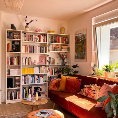 Bright and organized living room representing a safe and comfortable home environment