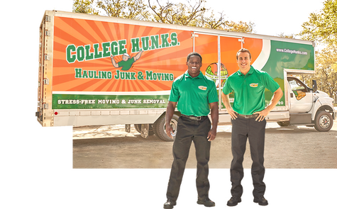 Two College HUNKS stand in front of a College HUNKS Hauling Junk & Moving moving truck