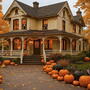 Warmly lit home surrounded by fall leaves, showcasing a safe and welcoming exterior during autumn.