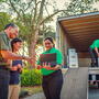 Home owners verifying information with College Hunks employee. 